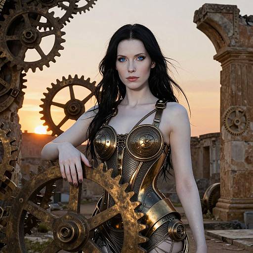 Digital artwork: Pale-skinned, blue-eyed woman with long black hair, wearing metallic, gear-like bodysuit, standing among large, rusty gears