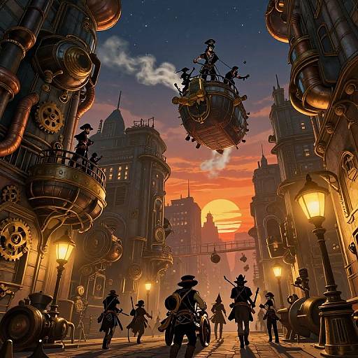 Steampunk cityscape at sunset: silhouetted adventurers with hats and gear, flying airship, industrial pipes, glowing lanterns, and