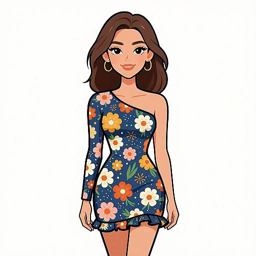 Digital illustration of a smiling woman with brown hair, wearing a one-shoulder, navy blue floral dress, and gold hoop earrings.
