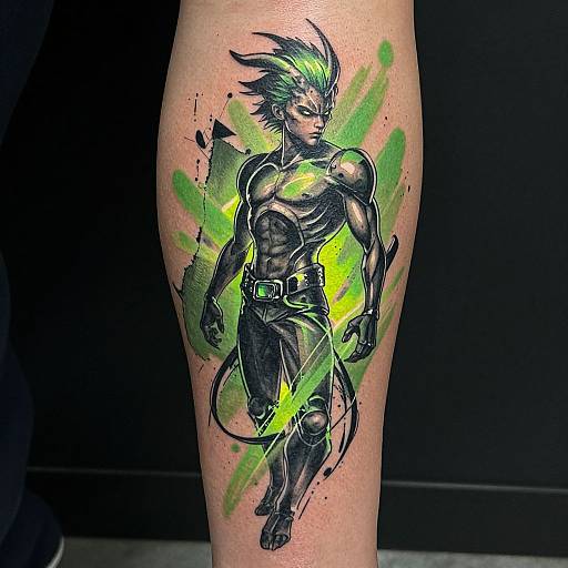 Photograph of a tattoo on a leg featuring a muscular, green-haired anime-style male character with black and green ink, dynamic pose, and vibrant green