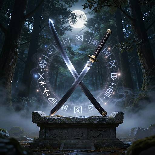 Photograph-style CGI: Two glowing swords crossed on a stone pedestal, with mystical runes glowing behind, in a dark, misty forest.
