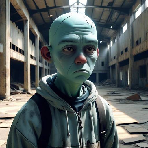 Sad Blue Alien in Abandoned Warehouse