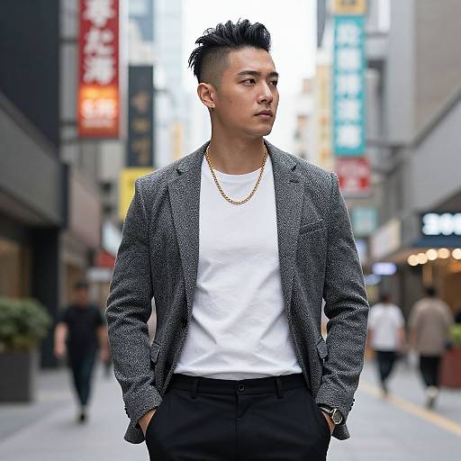 Photograph of a young Asian man with spiked black hair, wearing a gray textured blazer, white t-shirt, black pants, gold chain, standing