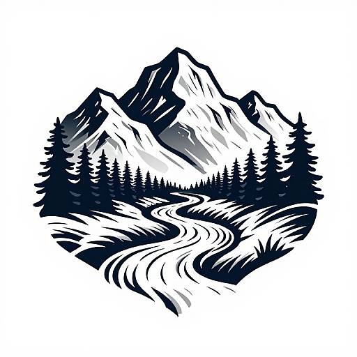 Tattoo-Style Mountain River Illustration
