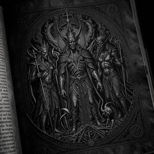 Photograph of an intricate, black-and-white, medieval-style relief engraving in a book, depicting muscular, armored figures with horns and crosses, holding