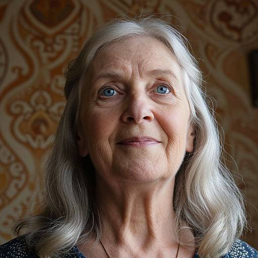 Photograph of an elderly woman with silver hair, blue eyes, and wrinkled skin, smiling slightly against an ornate, brown patterned background.