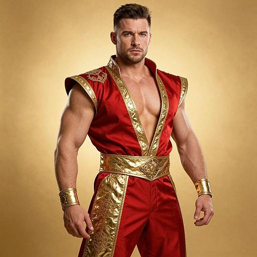 Photograph of a muscular, bearded man in a deep red, gold-trimmed, open-chested, sleeveless outfit with gold cuffs,