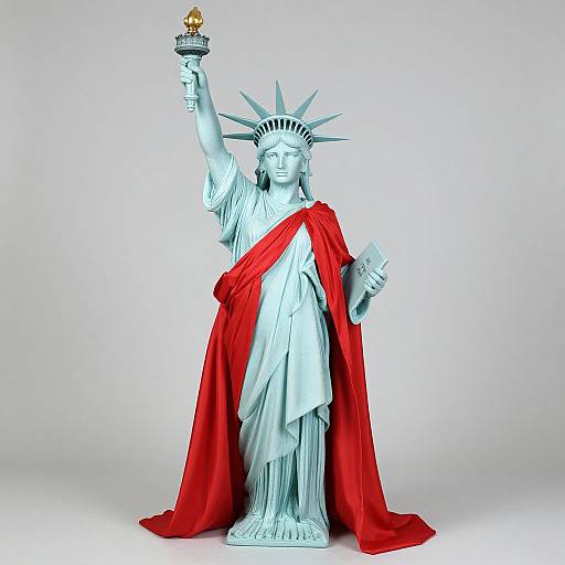 Photograph of a Statue of Liberty statue with a red cape, holding a torch with a golden flame, standing against a plain white background.