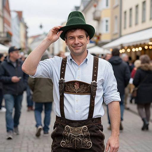 Photograph of a smiling Caucasian man in traditional Bavarian attire, white shirt, brown lederhosen, and green hat, standing on a bustling