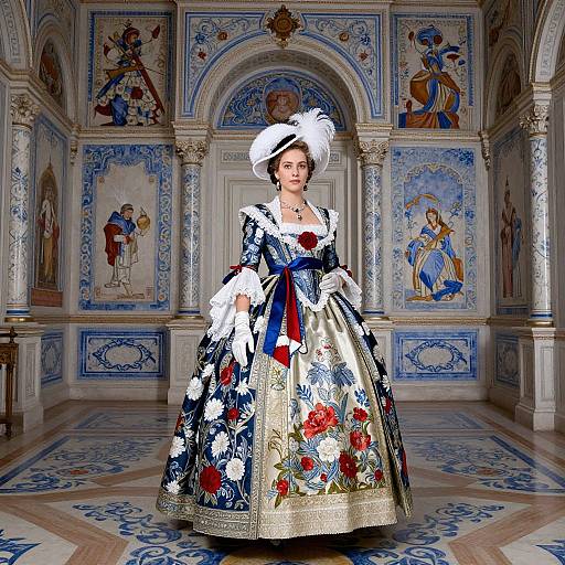 Photorealistic digital art: Elegant woman in elaborate 18th-century blue and gold floral gown, white feathered hat, standing in ornately decorated