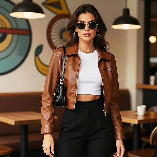 Photograph of a stylish woman with dark wavy hair, wearing round sunglasses, brown leather jacket, white crop top, black high-waisted pants