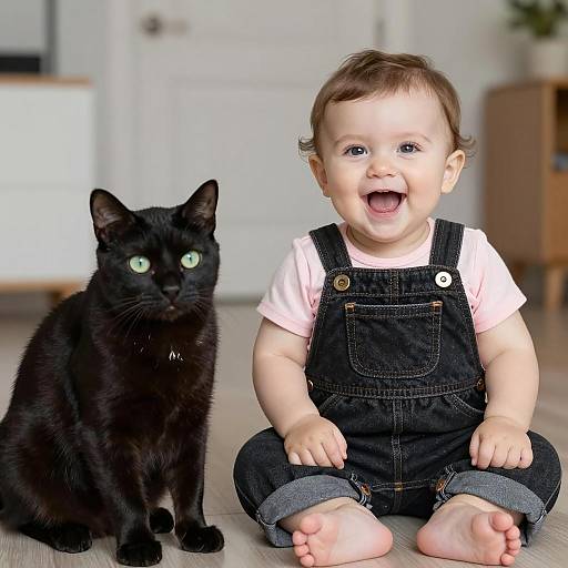 Laughing Infant with Cat in Blurry Background