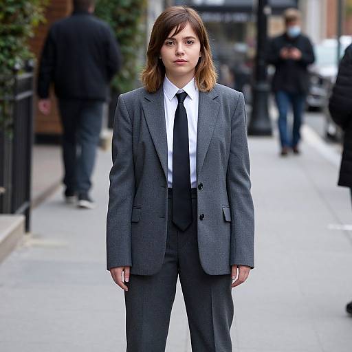 Photograph of a young woman with shoulder-length brown hair, wearing a gray suit, white shirt, and black tie, standing on a city sidewalk with