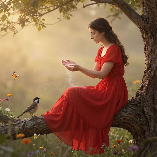 Photograph of a woman in a red dress, sitting on a tree branch, gently releasing sparkles, with a robin and butterfly nearby, in a