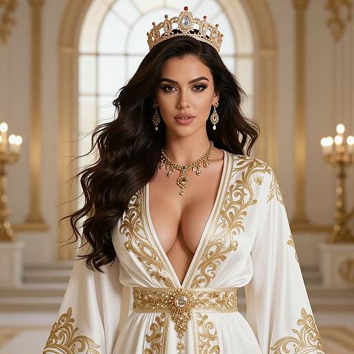Digital artwork of a regal woman with long black hair, wearing an ornate white and gold robe, deep neckline, crown, and jewelry, standing