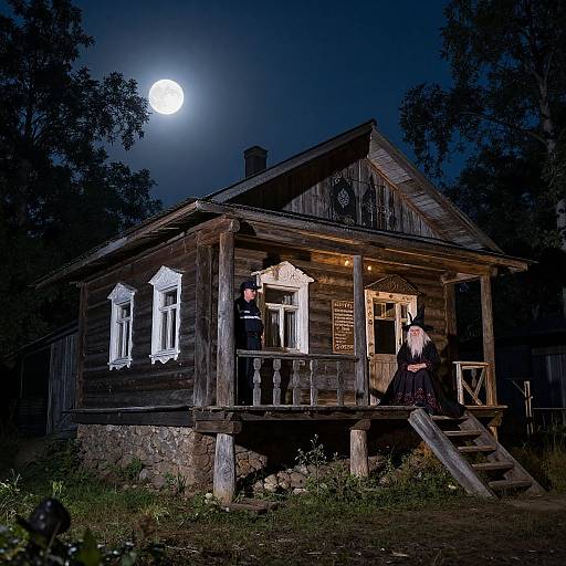 Photograph of a rustic, wooden house at night with a full moon, illuminated by porch light, showing a man and woman on the creaky