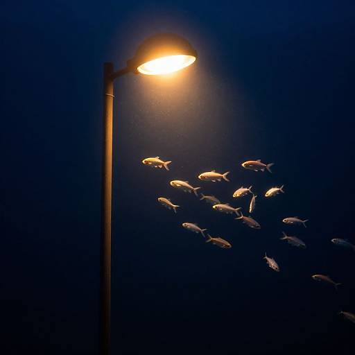 Photograph of a streetlamp casting a bright yellow glow against a dark blue night sky, illuminating a school of silhouetted fish swimming in