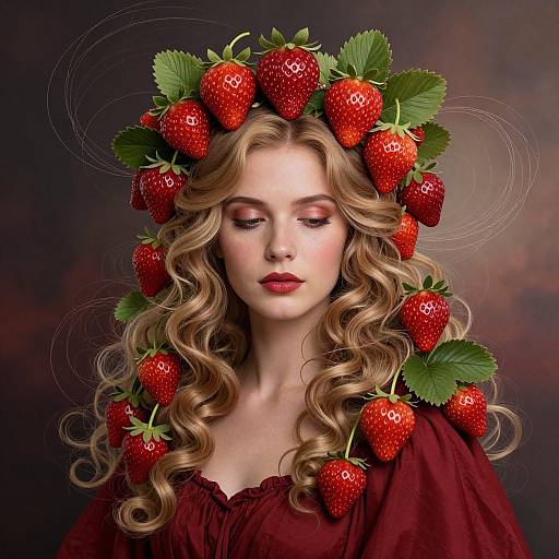 Photograph of a fair-skinned woman with long, wavy blonde hair adorned with a crown of red strawberries and green leaves, wearing a deep red