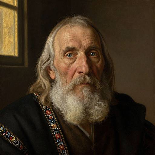 Photorealistic digital painting of an elderly man with long white hair, full white beard, blue eyes, wearing a dark embroidered robe, lit by a