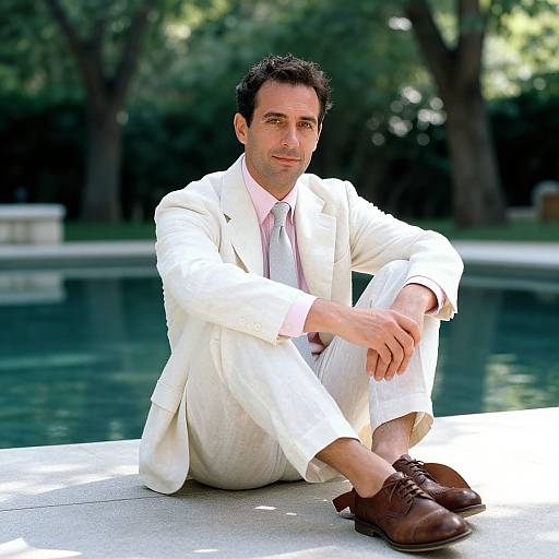 Man in Ivory Suit by Reflecting Pool