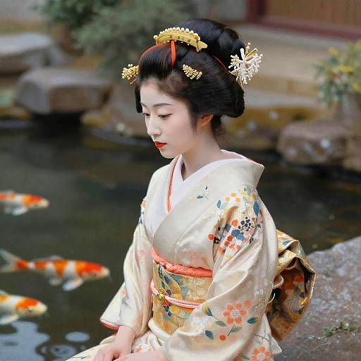 Impressionist Geisha by Koi Pond