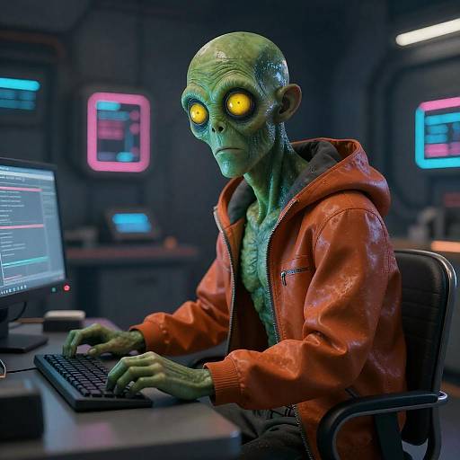 Neon Cthulhu at Space Station Desk