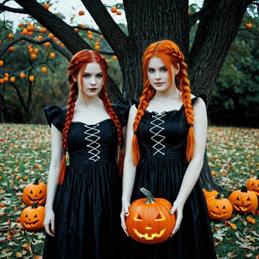 Twin Red-Haired Women with Halloween Pumpkins