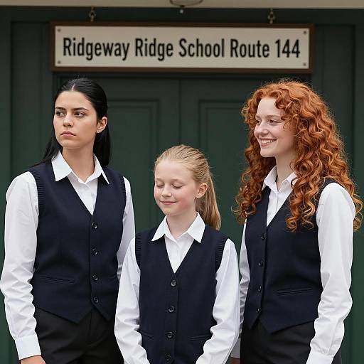 Group of Schoolgirls in Uniforms Outside Ridgeway Ridge School