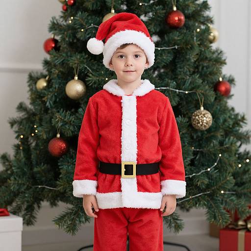 Photograph of a young boy in a Santa Claus outfit with white fur trim, standing in front of a decorated Christmas tree.