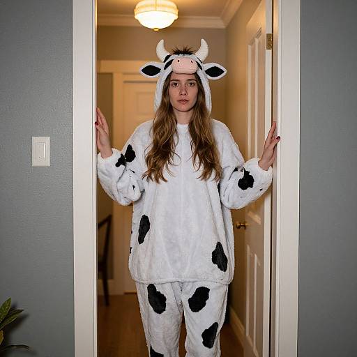 Photograph of a young woman with long brown hair, wearing a cow onesie with black spots, white horns, and standing in a doorway with hands