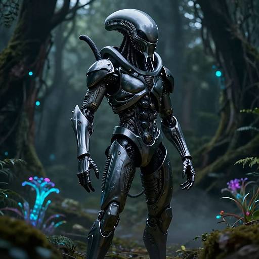 Alien Predator Armor in Bioluminescent Forest