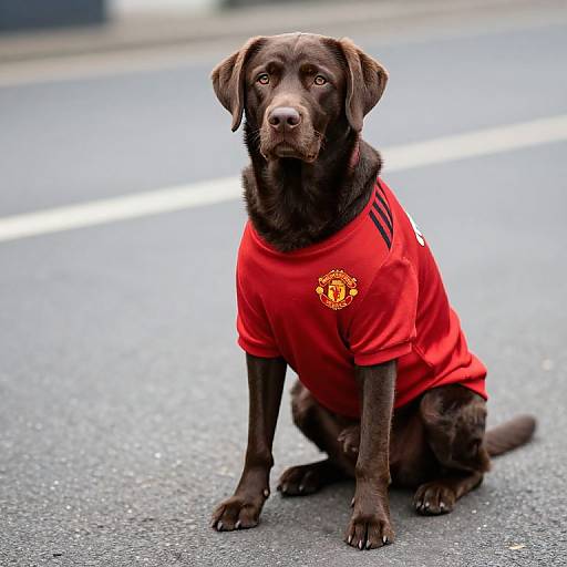 Slim Brown Labrador in Manchester United Shirt