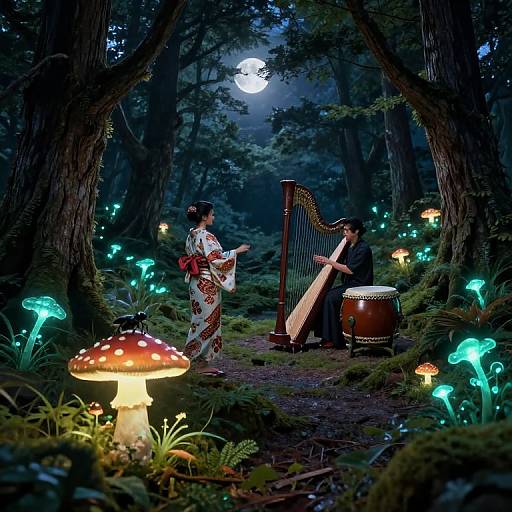 Enchanting forest moonlit scene: woman in floral kimono plays harp, man drums beside glowing mushrooms and bioluminescent plants.