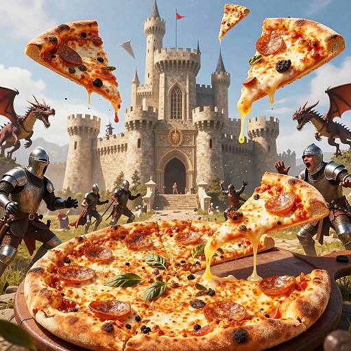 Photorealistic CGI of knights in armor with dragons, surrounding a massive pizza in front of a medieval castle. Slices of pizza float in the air