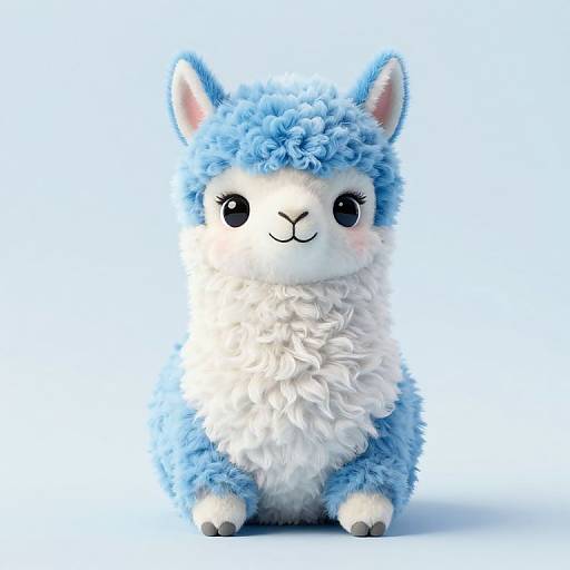 Cute, fluffy blue and white plush alpaca with large black eyes and a small smile, sitting against a plain white background.
