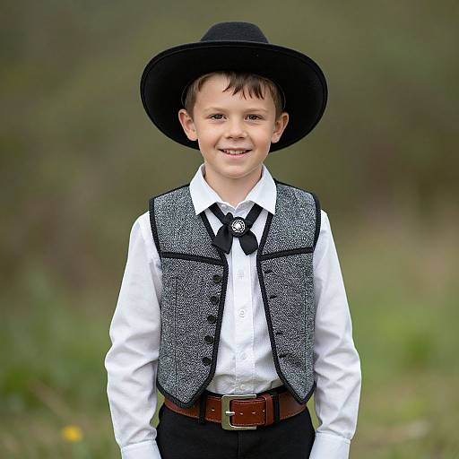 Photograph of a young boy with light skin, brown hair, and blue eyes, wearing a black wide-brimmed hat, white shirt, black