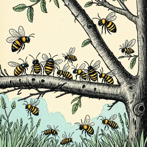 Illustration of Bees on Tree Branches