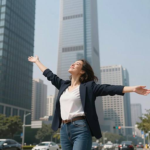 Joyful Woman in Urban Cityscape