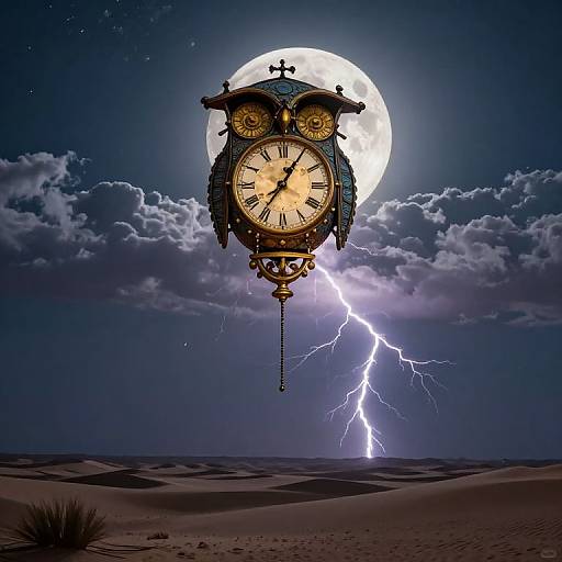 Photograph-style digital art: ornate, vintage clock hangs against a full moon, lightning bolt illuminating dark desert sky with scattered clouds.