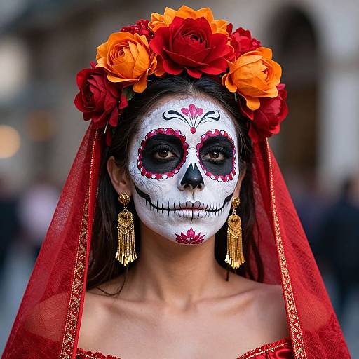 Photograph of a woman with white face paint, red and orange flower crown, red veil, gold earrings, and Día de los Muertos skeleton