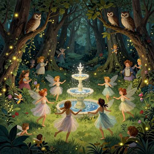 Whimsical fairy forest scene: seven fairies dancing around a glowing fountain, surrounded by fireflies, owls in trees, and enchanted forest.