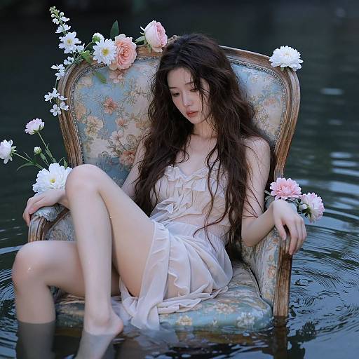 Photograph of a pale, long-haired woman in a sheer white dress, sitting in a floral-patterned chair surrounded by flowers, floating in water.