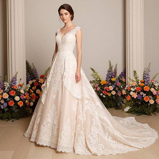 Photograph of a brunette woman in a white lace wedding gown with a full skirt, standing in front of colorful floral arrangements, against a beige background with