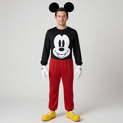 Photograph of a man in a Mickey Mouse costume: black long-sleeve shirt with white smiley face, red pants, yellow shoes, white