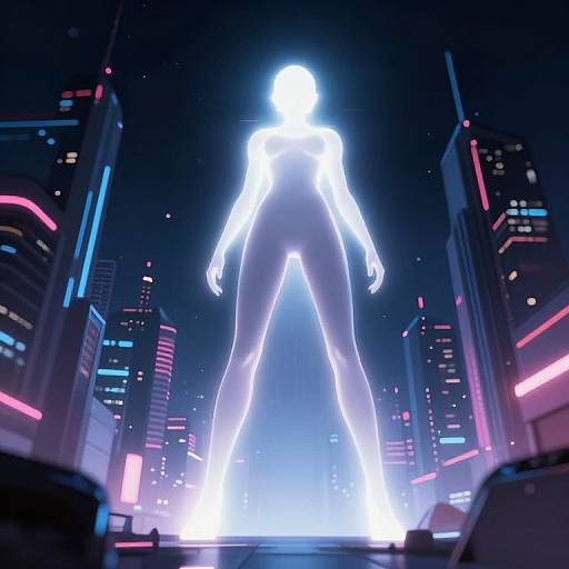 Glowing, neon-lit, futuristic cityscape with a giant, illuminated, nude human figure standing prominently in the center, surrounded by towering skys