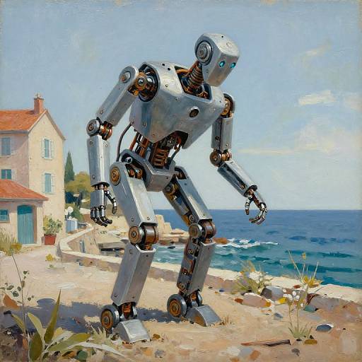 Digital painting of a silver robot with glowing blue eyes standing on a rocky beach near a seaside house and ocean.