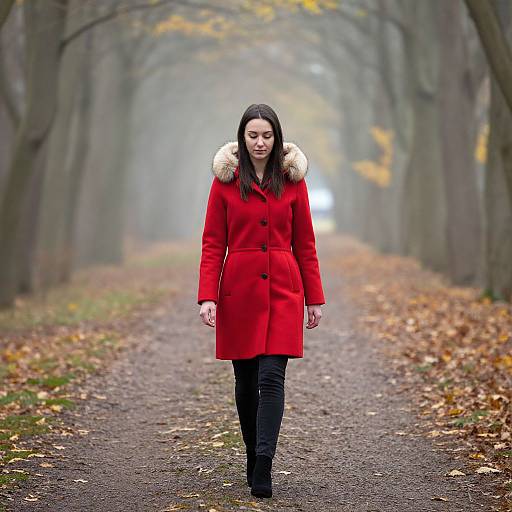 Photograph of a woman in a bright red coat with fur hood, black pants, and boots, walking down a foggy, autumnal path lined