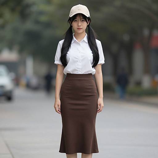 Photograph of an Asian woman with long black hair, wearing a white cap, white blouse, and brown skirt, standing on a blurred urban street.