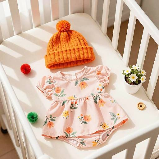 Photograph of a white crib with a pink floral dress, orange knit hat, red and green pom-poms, and small white flower pot.