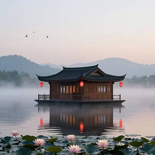 Photograph of a traditional wooden Chinese pavilion with red lanterns, floating on a misty lake, surrounded by lily pads and reflected in the